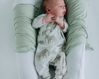 Elephant Print Zipper Baby Romper: Organic Cotton Knit