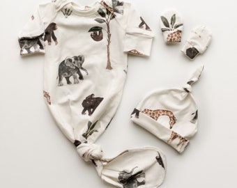 Safari Newborn Outfit- Knotted Gown, Hat and Mittens Set New Baby Gift Set Hospital Outfit Coming Home