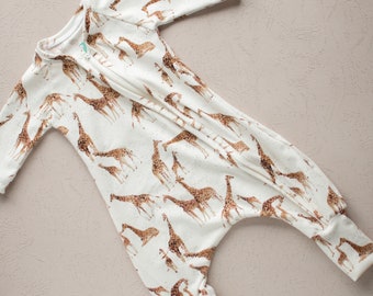 Giraffe Print Baby Outfit: Organic Cotton Zipper Romper