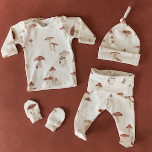 Mushroom Baby Outfit, organic newborn clothing, unisex coming home woodland gnome forest, gender neutral gift, take home shower preemie
