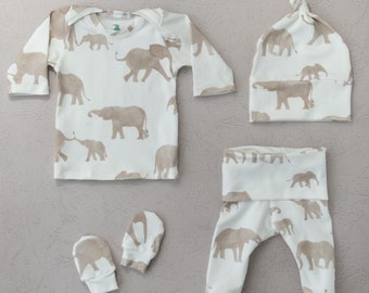 Elephant Baby Outfit Set Pants Shirt Hat Mittens Gender Neutral New Baby Gift Set Hospital Coming Home Baby Shower Gift Preemie Baby Outfit