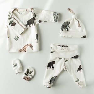 Organic Safari Baby Outfit: Gender Neutral Footed Pants Set