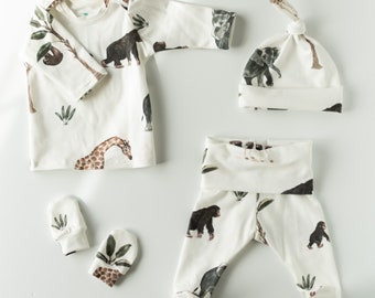 Safari Baby Outfit Set Pants Shirt Hat Mittens Gender Neutral Baby Gift Set Hospital Coming Home Jungle Baby Shower Gift Preemie Baby Outfit