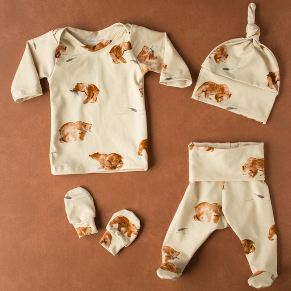Grizzly Bear Baby Outfit Set Broek Shirt Hoed Wanten Neutraal Nieuwe Baby Cadeau Set Ziekenhuis Coming Home Baby Douche Cadeau Preemie Baby Outfit