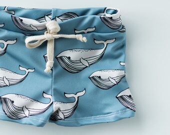 Little Boy Swim Shorts, European Style Swim Shorts Boy, Baby Swim Shorties, Toddler Boy Swim Trunks Matte Blue Whale Print