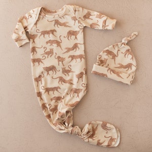 Leopard Baby Outfit, Newborn Knotted Baby Gown Set, organic baby clothes, baby boy clothes, baby girl clothes, gender neutral baby outfit