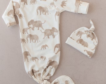 Set babyjurk olifant: biologische geknoopte pasgeboren outfit