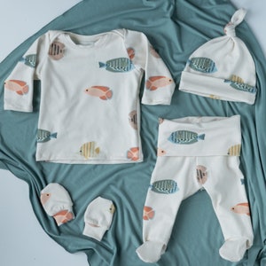 Fish Baby Outfit, organic newborn clothing, boy girl gender neutral unisex gift set, preemie size pants shirt hat, ocean water shower theme