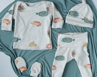 Colorful Fish Baby Outfit Set Pants Shirt Hat Mittens Gender Neutral Baby Gift Set Hospital Coming Home Baby Shower Gift Preemie Baby Outfit