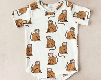 Monkey Kids T-shirt Printed Boy Clothing Minimal Monkey Shirt Organic Scandinvian Top Baby Toddler Matching Long Length T-shirt