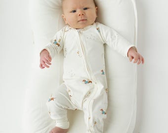 Duck Dachshund Dog Print Baby Zipper Romper: Organic Cotton Outfit