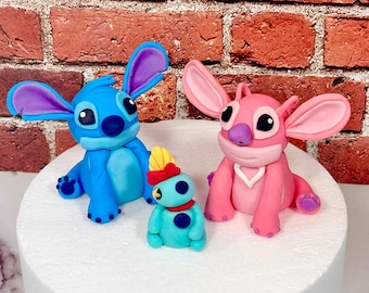Adornos para tartas de fondant 3D de Stitch, Angel y Scrump: perfectos para tartas y fiestas.