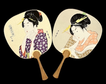 Pair Japanese Paddle Fans, Utamaro Artist, Hanaogi Geisha Courtesans