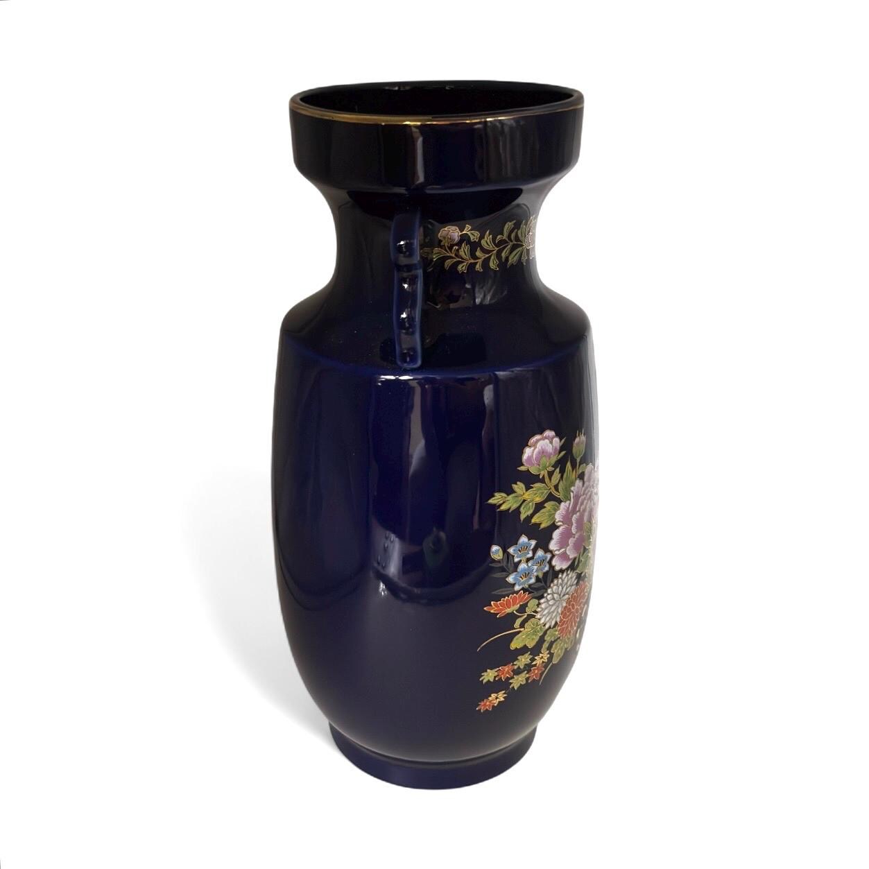 コバルトブルーの金箔装飾花瓶 ヴィンテージ 日本製 コバルトブルー 花瓶 金箔花風景 12インチ - Etsy