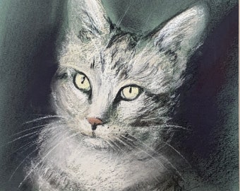 Gray Cat Portrait, Pet Art, Original Oil Pastel, Kittens, Kitty Wall Hanging, Matted Picture