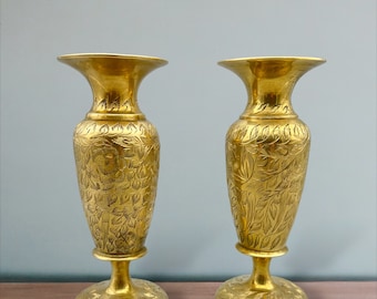 Pair of Brass Vases, Etched Floral Designs