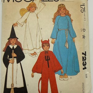 May include: McCall's pattern 7231 for costumes in size medium. The envelope features illustrations of four outfits: a blue gown with a crown, a white angel robe with wings and a halo, a black witch dress with a white apron and hat, and a red devil jumpsuit.