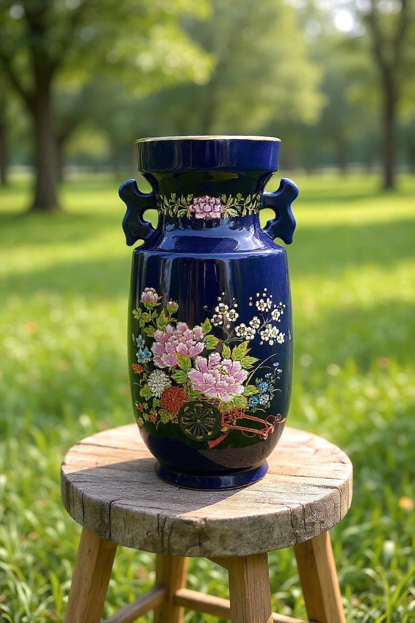 ヴィンテージ 日本製 コバルトブルー 花瓶 金箔花風景 12インチ - Etsy