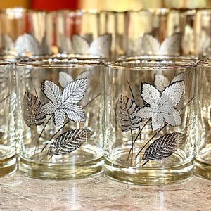 Libbey Platinum Leaf Mid-Century Glasses, 16 and 12 Ounce, Two Sets of 8