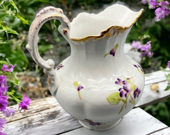 Decorative Violets Pitcher, Hand Painted, Vase, Tableware, Drinkware