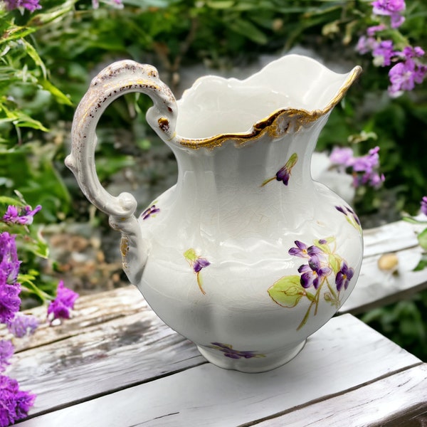 Decorative Violets Pitcher, Hand Painted, Vase, Tableware, Drinkware