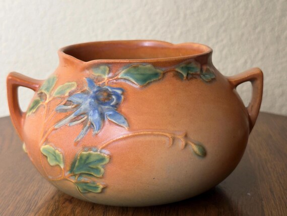 Large Roseville Pottery, Columbine, Brown, 399-14, Jardinere Planter Bowl, 1940s Dish, Mid-Century Design