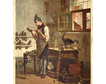 Antique Print, Sneaky Cat Gets Past Slovenly Shoe Maker, Unknown Artist