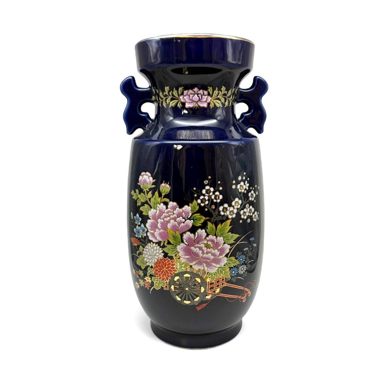 ヴィンテージ 日本製 コバルトブルー 花瓶 金箔花風景 12インチ - Etsy