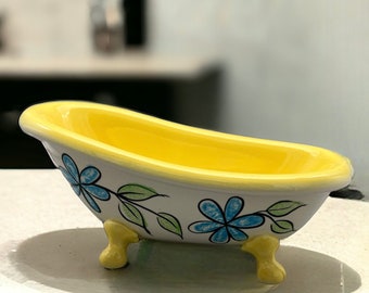 Bright Yellow Bath Tub Soap Dish, Dollhouse Tub, Mann Seymour, Mid Century Pottery, Kitchen Sponge Holder, Guest Bathroom