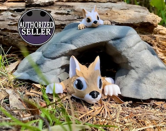 3D Printed Articulated Wolf Figurines: Cinderwing Adult, Pup & Rock Den Set