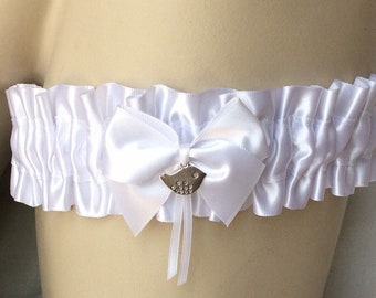 White Satin Bird Charm Bow Garter