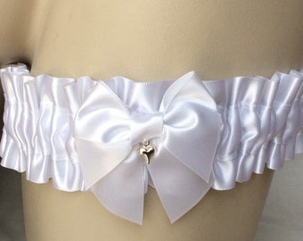 White Satin Heart Charm Bow Garter