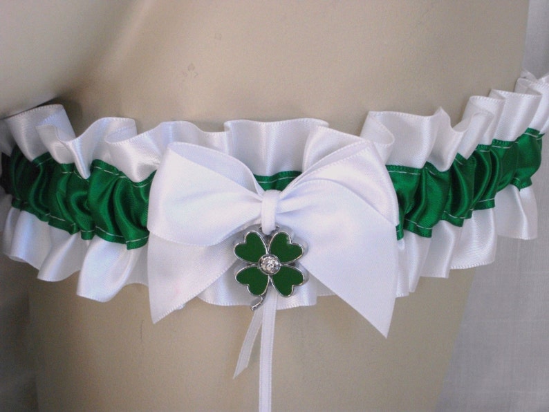 White Emerald Green Lucky Shamrock Clover Wedding Garter