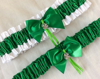 White Emerald Green Satin Lucky Four Leaf Clover Single Garter or Garter Set