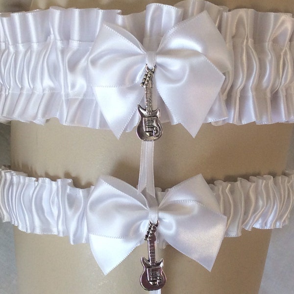 White Satin Guitar Charm Wedding Single Garter or Garter Set