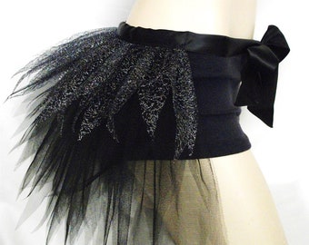 Adult Ladies Black Sparkly Silver Half Tutu Bustle Net Over Skirt