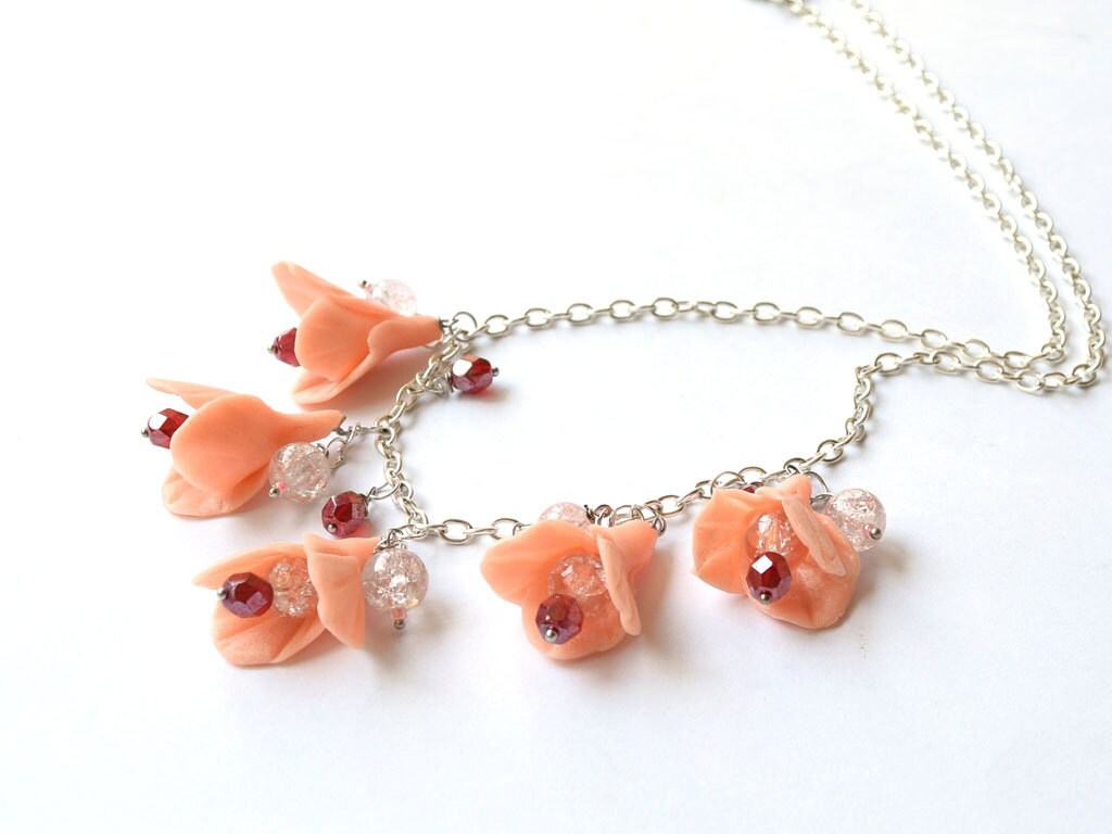 Clay Flower necklace floral jewelry Lily Polymer clay Coral
