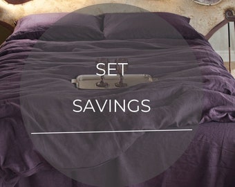 Parure de lit en lin de couleur aubergine/violet foncé. Housse de couette et taies d'oreiller (3 pièces)