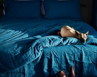 Linen Duvet Cover in Sea Blue /Dark Teal color , Washed Soft, Natural 100% Flax Queen, King Full Comforter Cover- blue bedding