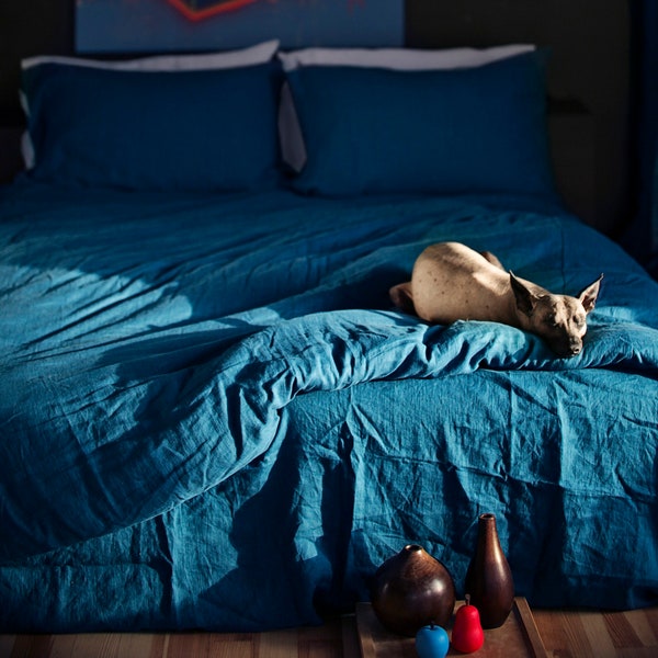 Housse de couette en lin lavé (Bleu mer/Sarcelle foncée) | Lin 100 % naturel | Literie douce et confortable pour grand lit, très grand lit et taille double