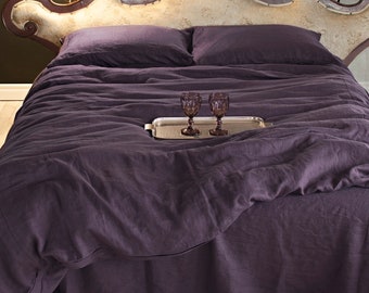 Housse de couette en lin aubergine / violet foncé | 100 % lin doux et naturel pour grand lit, très grand lit et grande taille | Livraison gratuite