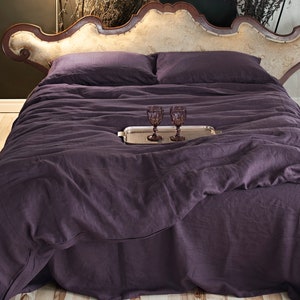 Housse de couette en lin aubergine / violet foncé 100 % lin doux et naturel pour grand lit, très grand lit et grande taille Livraison gratuite image 1