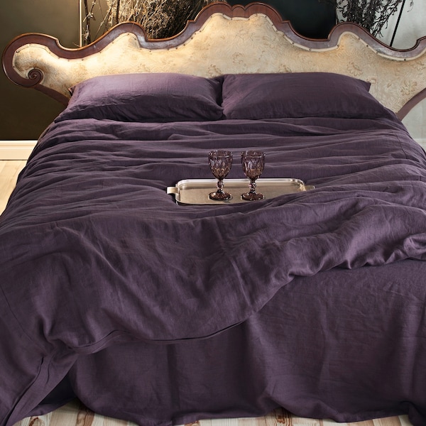 Housse de couette en lin aubergine / violet foncé | 100 % lin doux et naturel pour grand lit, très grand lit et grande taille | Livraison gratuite