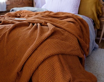 Waffle textured Linen Blanket/ Heavy Linen Bed Cover in Cinnamon color