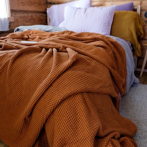 Waffle textured Linen Blanket/ Heavy Linen Bed Cover in Cinnamon color