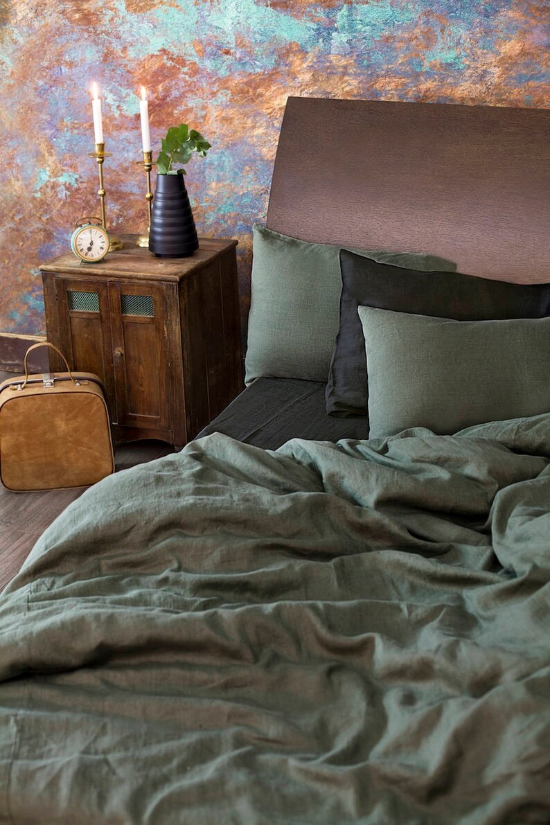 Linen Duvet Cover In Moss Green Queen King Sizes