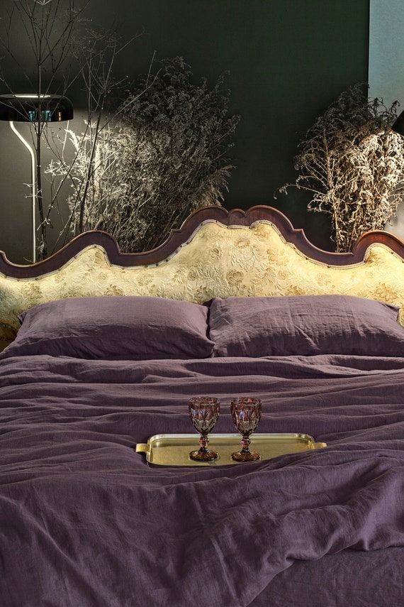 Linen Duvet Cover In Aubergine Color Queen King Sizes Linen Duvet Cover In Aubergine Color, Aubergine Bedding King Size
