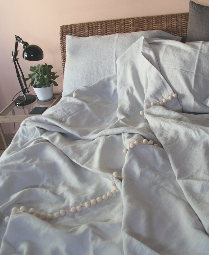 Linen Pom Pom Bed Throw Etsy