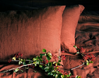 Uluru Red Pillow Case/ Terracotta/ Burnt Orange /Clay in made of softened linen in Standard, Queen and King