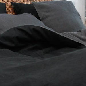 Double Color, Color Block,Black and Charcoal Gray Linen Bedding Set in Queen, King